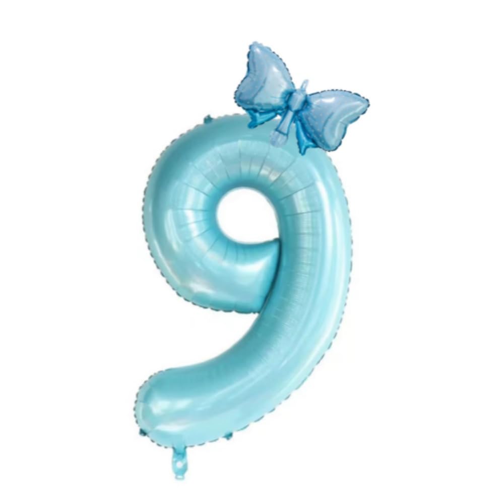 40inch Light Blue Butterfly Number 9 balloons, Giant Big Foil Mylar Helium Numbers Balloons 9, Butterfly Themed Birthday Party Supplies, 9th Birthday