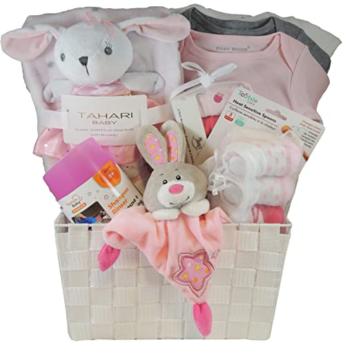Ornella’s Baskets Baby Girl Gift Basket: Tahari Blanket Set, 3 Onesies and more