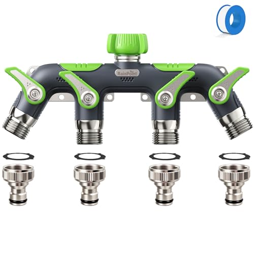 RAINPOINT Verteiler 3/4', 4 Wege Verteiler Wasser, 100% Metallgehäuse Verteiler mit unabhängigem Schalter und 3/4' Adapter 1/2', Wasserdurchfluss regulier- und absperrbar, für Waschmaschine, Gärten