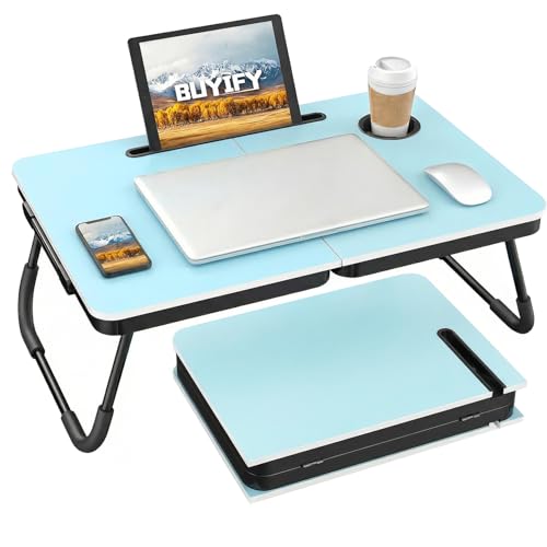 Image of BUYIFY 23.4 inch Foldable Lap Desk Bed Table with Cup Holder Tray Blue