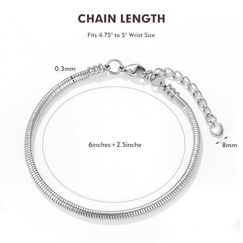 Charm Bracelet, Women Moments Slider Charms Bracelet, 3mm Stainless Steel Snake Chain Bracelet fits 4.75" to 5" Wrist Size2