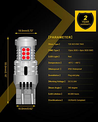 Katur 7443 T20 992 W21/5W Led Bulbs Canbus Error Free Super Bright 12Pcs 3030 & 8Pcs 3020 Chips Replace For Turn Signal Reverse Brake Tail Stop Parking Light,Brilliant Red (Pack Of 2) #TOP3