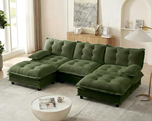 Image of 108 inch Sectional Sleeper Sofa with Ottoman, U Shaped Modular Deep Seat Couches for Living Room Apartment, Flexible Module Combination Cloud Sofa with Spring Support, Easy Assembly, Dark Green