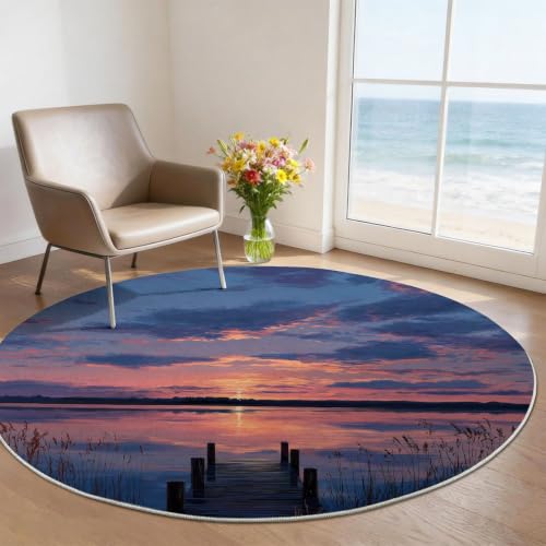 Tapis rond 80 cm bleu paysage rustique moderne lavable - 3