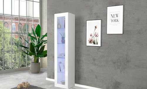 Dmora Vetrina Enea, Credenza con Ripiani in Vetro, Mobile da Soggiorno Multiuso con Luce LED, 100% Made in Italy, cm 40x30h180, Bianco Lucido