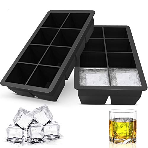 Ice Cube Tray 2-Pack Large Ice Silicone Cube Maker Ice Square Tray Making 8 Giant Ice Cubes for Whiskey and Cocktail Bar and Home