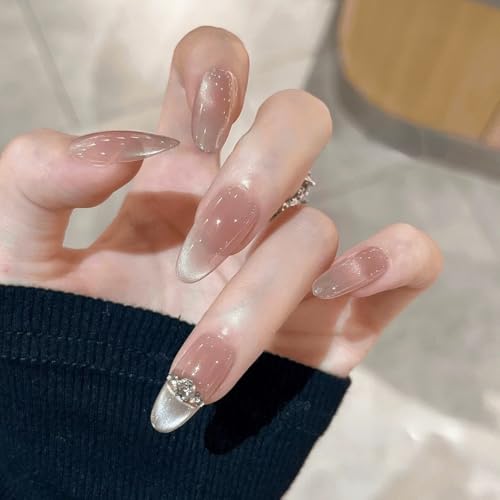 【Lianyungang Lantu Beauty】手作り ネイルチップ ショートネイル スクエア 無地 撫子色 サンゴピンク キャッツアイ マグネット おしゃれ 付け爪 10枚入 収納ケース付き (ピンク, M)