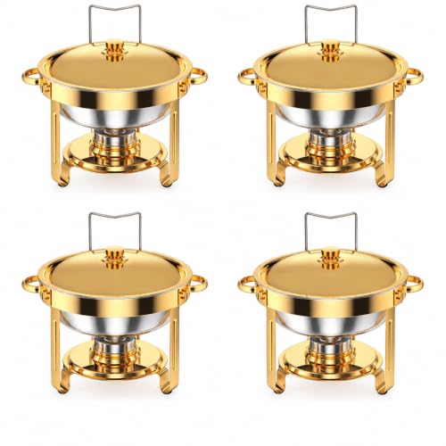 Rundes Chafing Dish Buffet Set 5L, 4pcs Edelstahl Warmhaltebehälter mit Gold-Silber Optik für Catering, Party und Hochzeiten, Gold/Silber