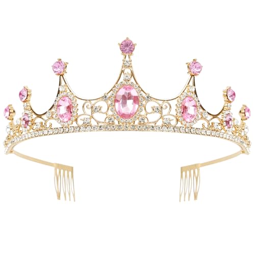 WOVOWOVO Pink Tiaras for Women Princess Crown Headband with Combs for Women Elegant Rhinestone Pink Hair Accessories for Bridal Wedding Birthday Halloween Party Prom