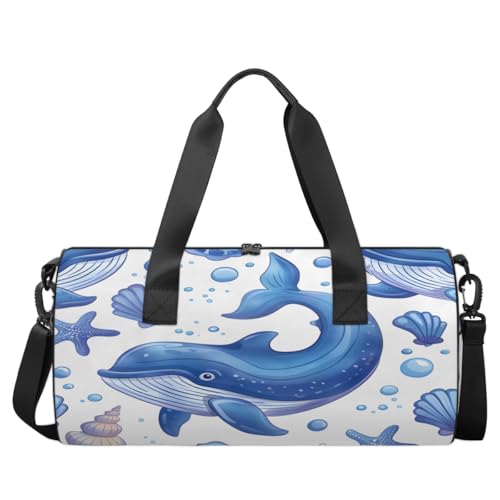 Animals Whales Round Barrel Sports Fitness Bag, White Blue Travel Luggage Bag, Reusable Handbag, Suitable For Men and Women2