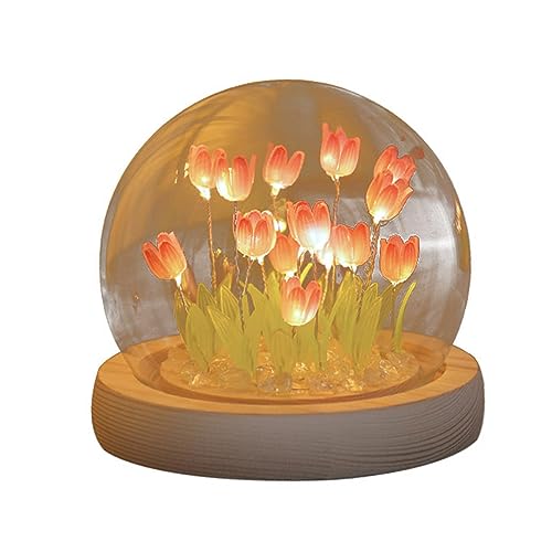 Tyenaza Tulipán Luz Nocturna LED, Lámpara de Decoración con Bola de Cristal de Tulipán, Lámpara de Mesa para Dormir con Decoración de Flores de Simulación, Regalos para Pareja Amigos(10x10x9cm)