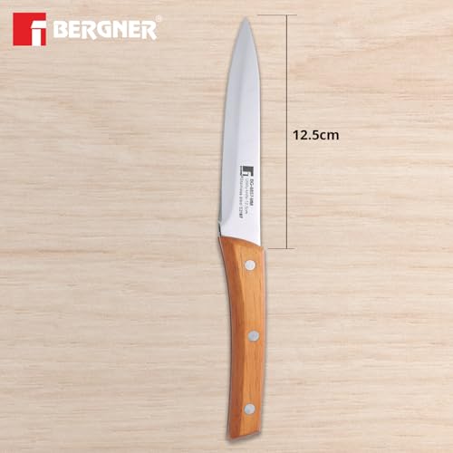 Image of BERGNER Natural Stainless Steel 12.5cm Utility Kitchen Knife, for Cutting, Chopping, Slicing, Sharp Blade, Food Grade, Non-Toxic, Stainless Steel Material, Mirror Finish, Wooden Handle, Non-Slip Grip