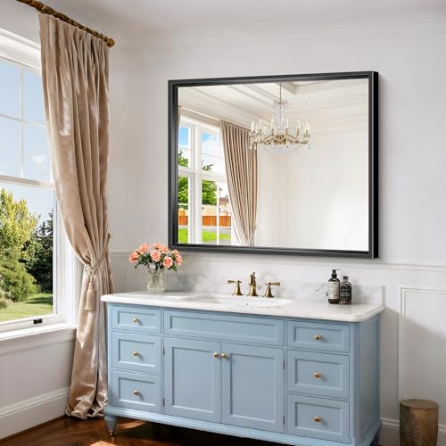 Image of Bathroom Mirror, 42 x 36 Inch Brushed Black Rectangle Mirror, 0.6 inch Thickened Deep Frame Mirrors for Wall Over Sink, Shatterproof Tempered Glass, Antirust, Horizontally or Vertically