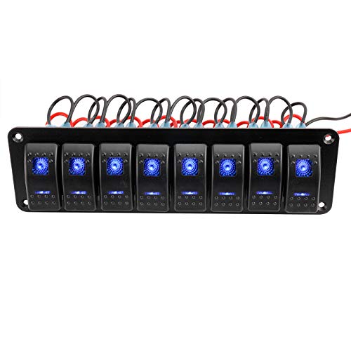 Amarine Made 12-24V Boat Switch Panel Illuminated Rocker Switch Aluminum Pre-Wired Panel 2,3,4,5,6,8 Gang Toggle Switches Dash 5 Pin On/Off 2 Led Backlit For Bus Boat Car Marine Blue Led Ip65 (8 Gang) #TOP2