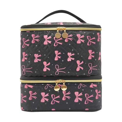 Nail Organizers and Storage – Tool Box Makeup Holder | Nail Box Organizer Case with Black Bow Design for Manicure, Pedicure Care, Grooming, Hair Art, Beauty Tools, Home Salon Storage