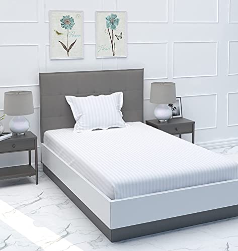 Image of Strip Glace Cotton Single Bedsheet with One Pillow Cover (White, Single)