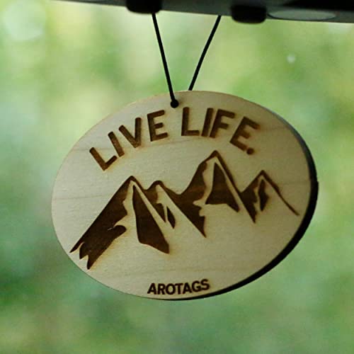 Arotags Wooden Car Air Freshener - Long Lasting Cool Breeze Scent Diffuses For 365+ Days - Includes Live Life Mountain Hanging Mirror Diffuser And Fragrance Oil - 100% American Made #TOP6