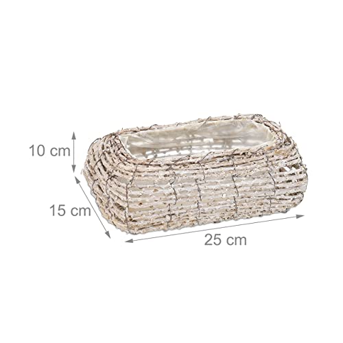 Relaxdays Set of 2 Plant Pots, Rattan, Flower Baskets with Foil, HDW: 10x25x15cm, Indoors Curved Planters, White/Natural, Fibre - Image 4