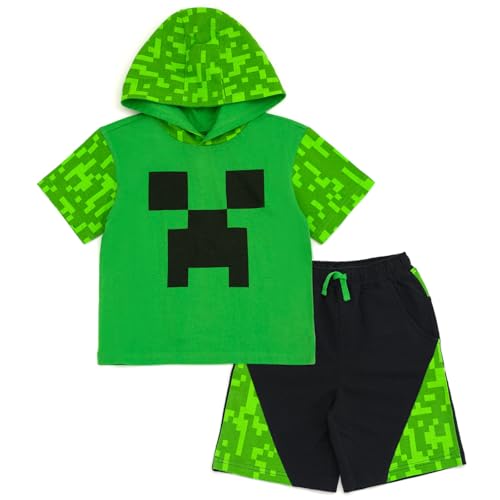 Minecraft Creeper Little Boys Hooded Cosplay T-Shirt and French Terry Shorts Outfit Set Green/Black 7-8