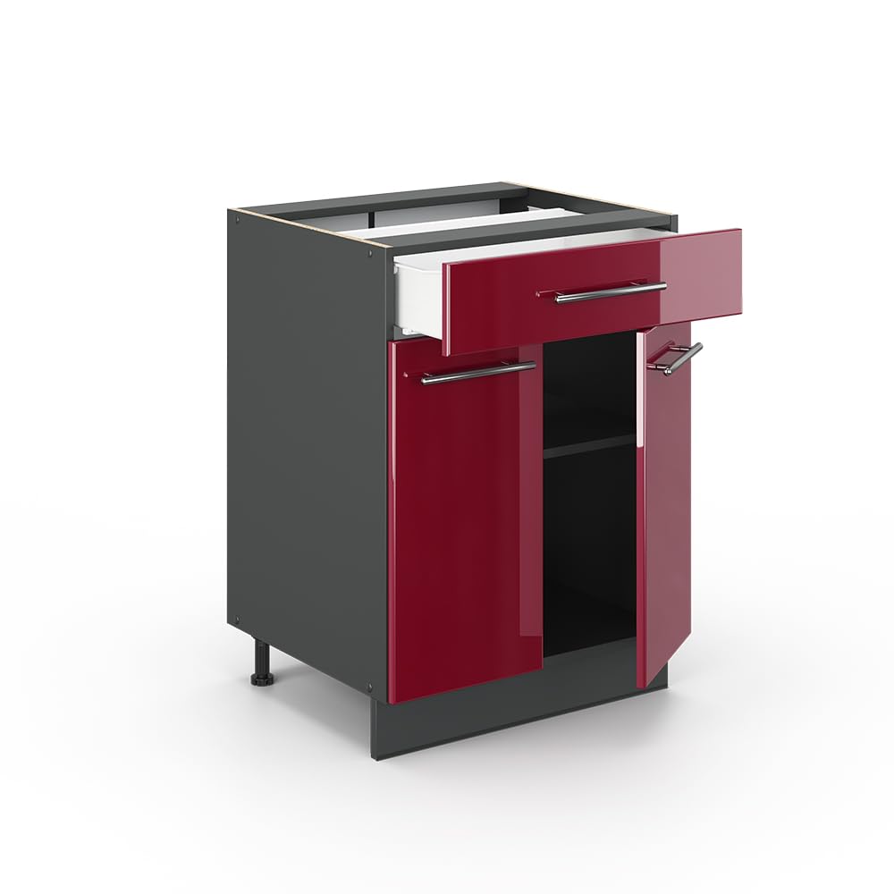 Vicco Meuble Cuisine Fame-Line, Rouge Bordeaux Haute Brillance, 60cm avec tiroir, sans PT, à Combiner avec d'autres modules de la série Fame-Line