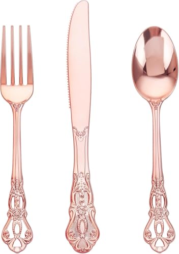 Joyido 150PCS Rose Gold Plastic Silverware - Heavy Duty Elegant Disposable Utensils - Vintage Rose Gold Cutlery Set Includes 50Forks 50Spoons 50Knives for Dinner Parties Weddings