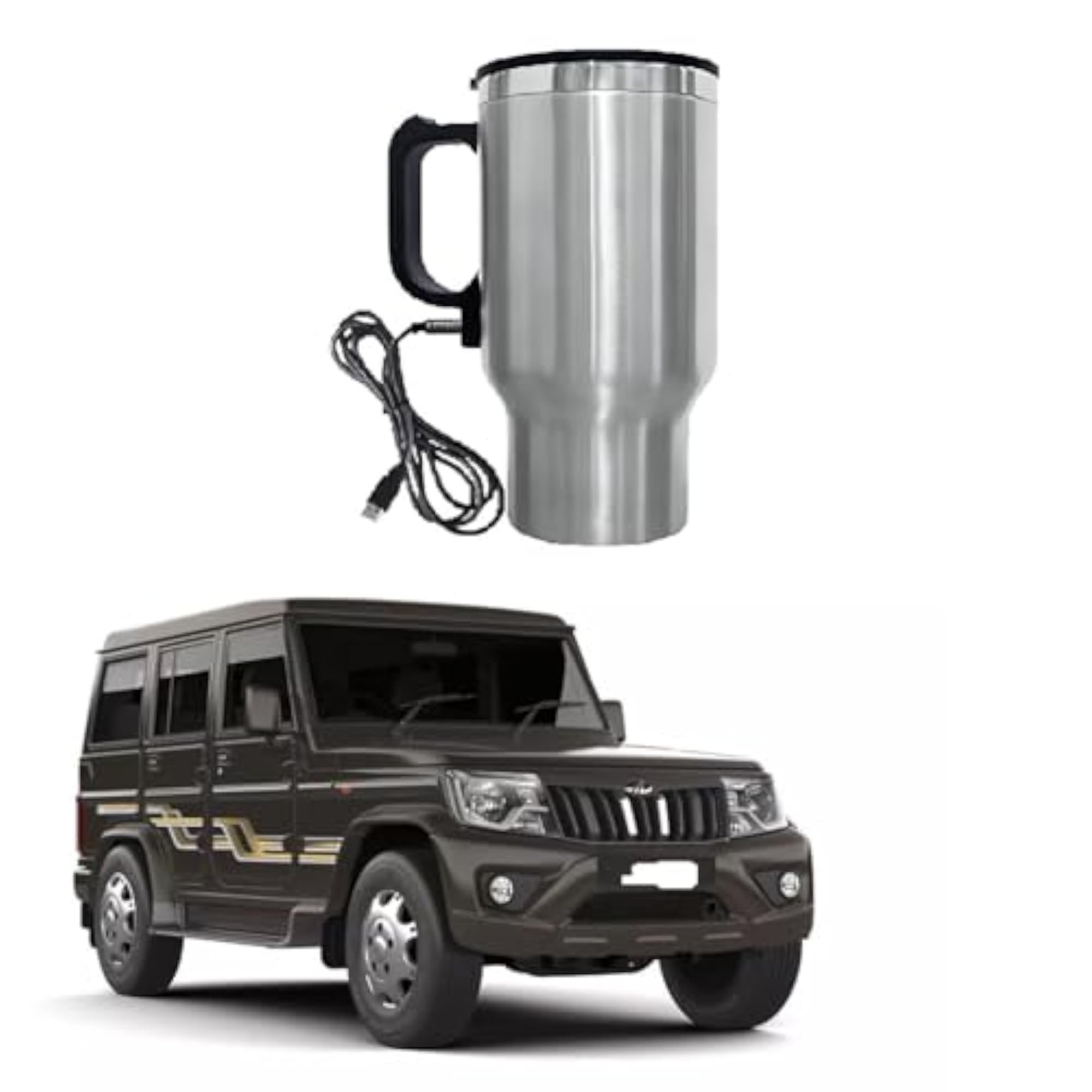 USB-Powered Stainless Steel Electric Kettle Travel Mug, Silver