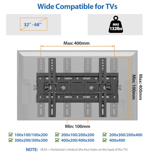 GLWIXY Tilt TV Wall Mount for Most 32-68 Inch TVs, VESA Up to 400 x 400mm with Loading Capacity 132lbs, 32 40 42 43 50 55 58 60 Inch Universal Flat TV Mount,Low Profile Wall Mount TV Bracke,
