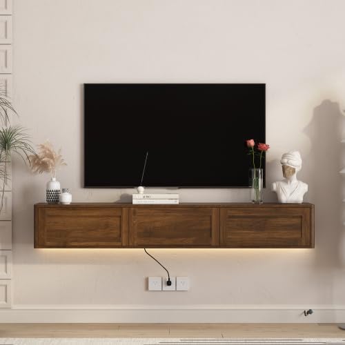 Ferand Floating TV Stand Wall Mounted with LED Lights & Power Outlet, High Gloss Modern TV Shelf Unit with Storage Cabinets, Media Console for Living Room, Holds TV Accessories, Game Consoles & Decor
