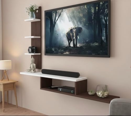 Image of Bros Moon Wall Mounted TV Cabinet, L-Shape, Choco White, MDF, Modern Style, Laminated Finish, for Living Room, Suits TV up to 55 Inches (Mocha White, Dual L 36 Inches Base)