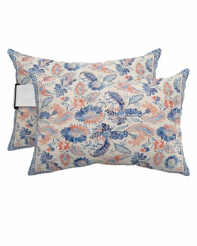 Outdoor Pillows Covers with Inserts Blue Paisley Flowers Distressed Floral Geometric Watercolor Waterproof Pillow with Adjustable Strap Throw Pillows for Patio Furniture Lounge Chair, 11x16 Inch, 2PCS