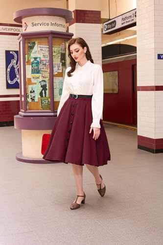 Belle Poque Women's Vintage Stretch High Waist A-Line Flared Midi Skirts with Pockets & Belts4