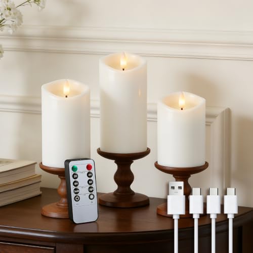 Image of White Real Wax LED Rechargeable Flameless Battery-Operated Pillar Candles
