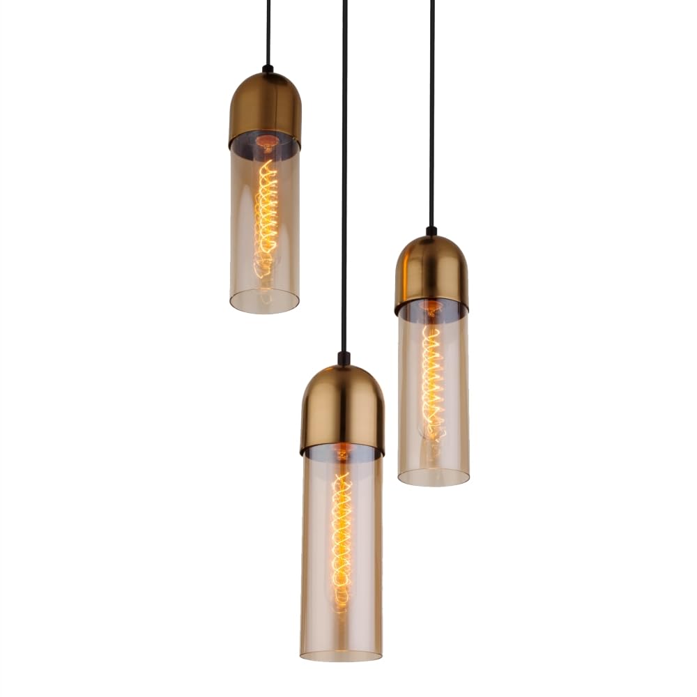 TEKLED Amber Glass Gold Aluminium Bronze Plated Top Cylinder Pendant Ceiling Light | E27 Fitting | Home&Industrial Modern Design | for Bar Kitchen Dining Room Coffee Shop | Triple (Bulb not Included)
