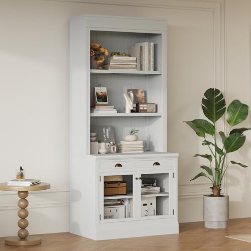 Image of 83.4 inch Tall White Bookshelf, Modern Bookcase with 2 Glass Doors and 1 Drawer,Storage Bookcase with Open Shelves for Living Room,Home Office (White+Glasses Without LED)