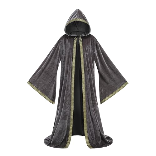 GRAJTCIN Adult Velvet Wizard Cloak with Hooded and Sleeves for Men Wizard Robe Costume Vampire Witch Cloak Cosplay Costume Halloween Cloak for Women (Grey) 56 Inches 58566-14