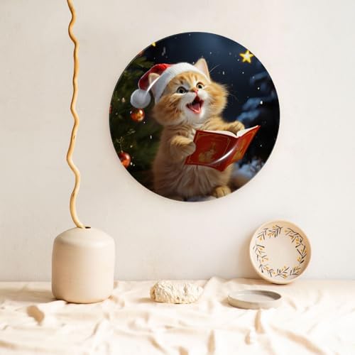 Assiette décorative chat de Noël en céramique pour mur du salon