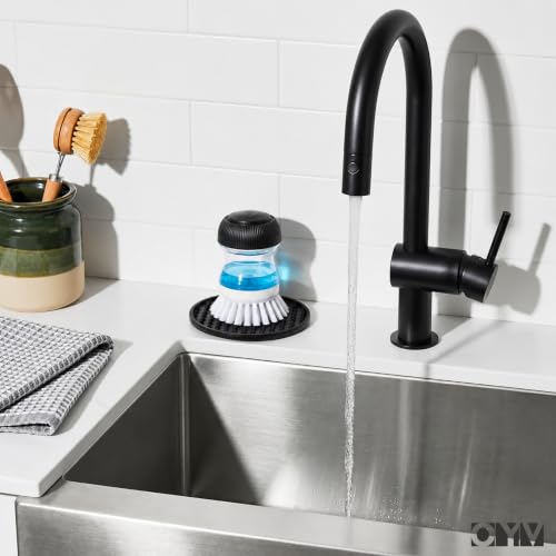 Image of OYV Soap Dispensing Palm Brush, Dish Brush Set with Silicone Drip Tray and One Refill, Kitchen Dish Scrub Brush for Cleaning Pots, Pans, Sinks