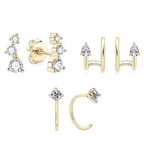 Ear Cuff Earrings+ Crawler Earrings+ Half Hoop Earrings Set Moissanite Earrings,925 Sterling Silver With 14K Yellow Gold Plated, Hypoallergenic, Jewelry Box Packed #TOP24