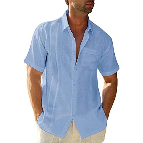 JEKAOYI Mens Casual Linen Cotton Button Down Short Sleeve Shirts Cuban Camp Guayabera Beach Tops