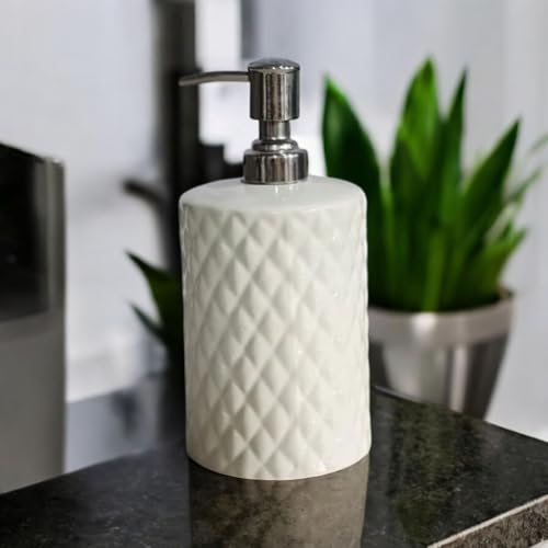 Image of Ceramic Soap Dispenser 330ml (Set of 1) | White Diamond Design | Refillable Liquid Soap, Hand Wash & Lotion Pump Bottle | Premium Ceramic Bathroom & Kitchen Accessory | White