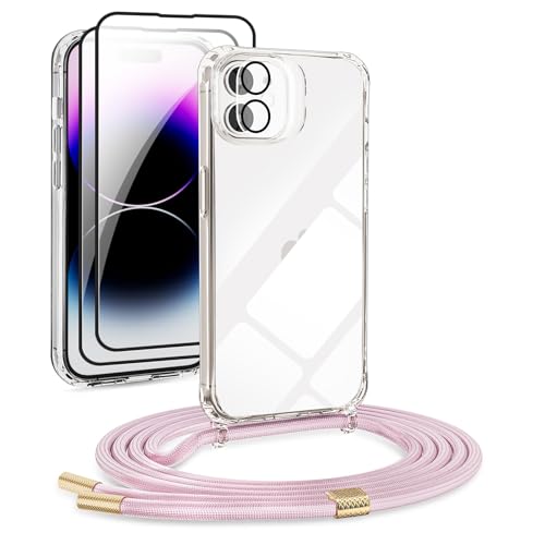 DiDaDi [5 in 1 Handykette Set für iPhone Necklace Hülle mit Bands+Transparent Schutzhülle+2*Schutzfolie+kameraschutz Glas, Schutzhülle zum Umhängen Kordel Case