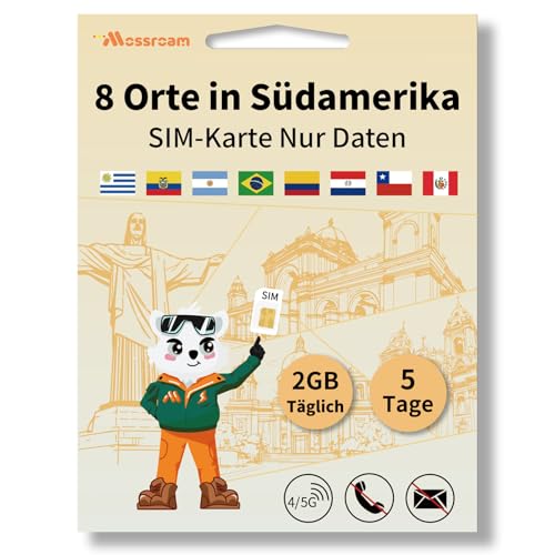 SIM-Karte für 8 Länder in Südamerika – Prepaid-Datentarife | 2 GB Daten täglich, 5 Tage | Highspeed-Internet | Ideal für Reisende