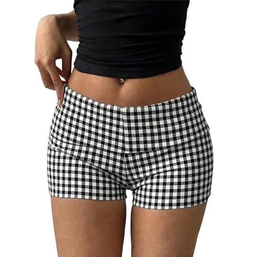 Rapbin Fold Over Shorts for Women Biker Yoga Gym Mini Shorts Y2K 1/2 Pack Casual Micro Bottoms Going Out G1_black White Checkered Medium
