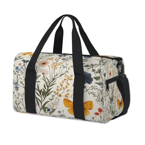 Floral Butterfly Pattern Sports Duffle Bag for Women Men Waterproof Overnight Weekender Bag with Adjustable Strap Travel Tote Bags for Beach Yoga Work Dance Swim