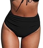 CUPSHE Women's Swimsuit Bikini Bottom High Waisted Full Coverage Tummy Control Bathing Suit, L Black