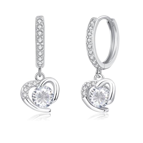 Image of Loutade Silver Hoop Earrings for Women, Hypoallergenic 925 Sterling Silver Hanging Earrings with Heart Dangle, Lightweight Dainty CZ Sleeper Cartilage Huggie Ear Hoops Jewelry Gifts for Women Girls