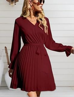 Womens Plus Size Wedding Guest Cocktail Midi Dress Fall Long Sleeve Wrap V Neck Belted A-Line Flowy Party Dress