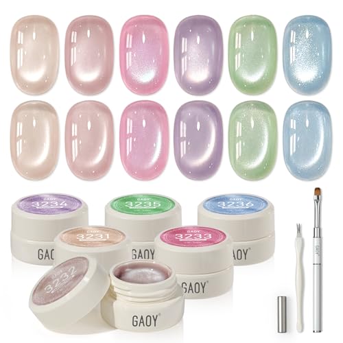 GAOY Sheer Silk Cat Eye Gel Nail Polish Set, 6 Colors Jelly 