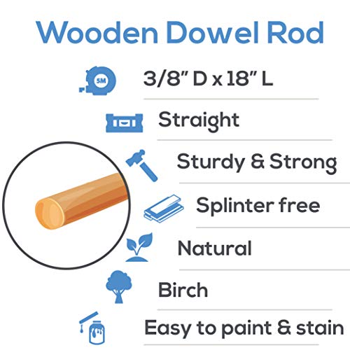 image for Dowel Rods Wood Sticks Wooden Dowel Rods - 3/8 x 18 Inch Unfinished Ha