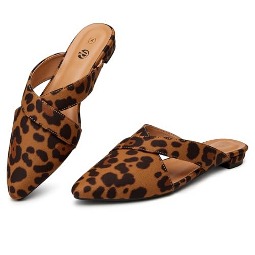 Rekayla Mules for Women Pointed Toe Flats Backless Loafers Slip On Shoes for Women, Leopard Size 7